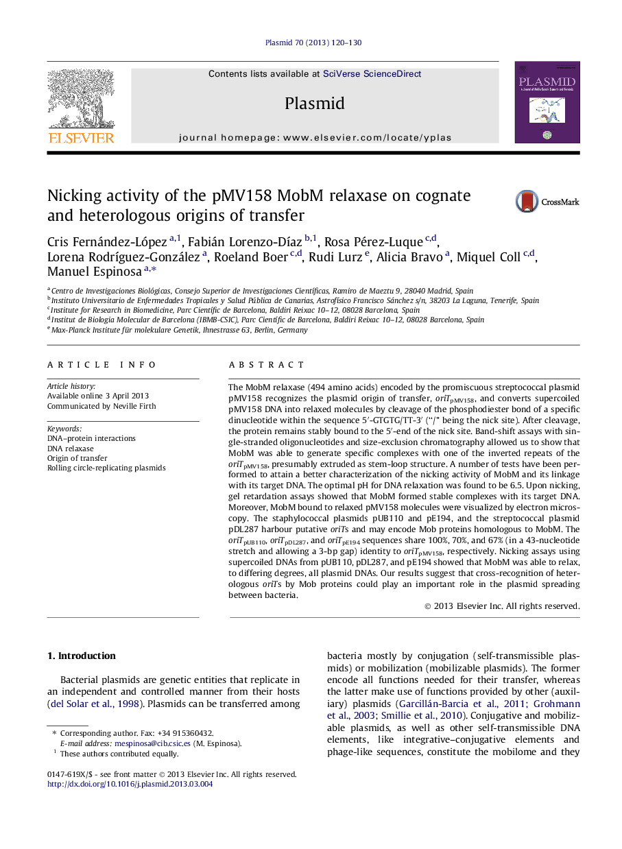 Nicking activity of the pMV158 MobM relaxase on cognate and heterologous origins of transfer