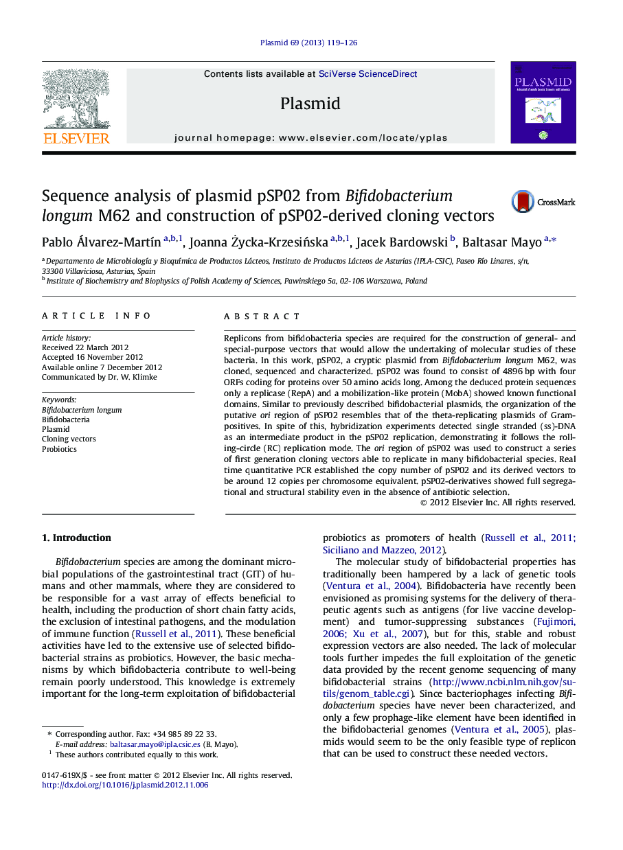 Sequence analysis of plasmid pSP02 from Bifidobacterium longum M62 and construction of pSP02-derived cloning vectors