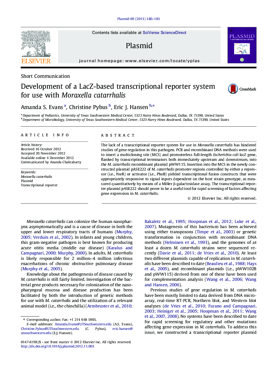 Development of a LacZ-based transcriptional reporter system for use with Moraxella catarrhalis