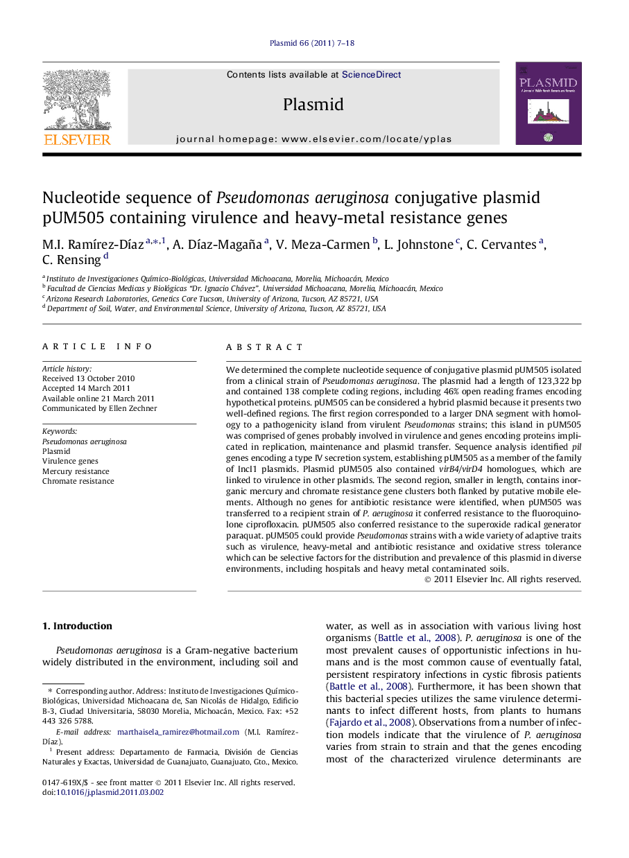 Nucleotide sequence of Pseudomonas aeruginosa conjugative plasmid pUM505 containing virulence and heavy-metal resistance genes