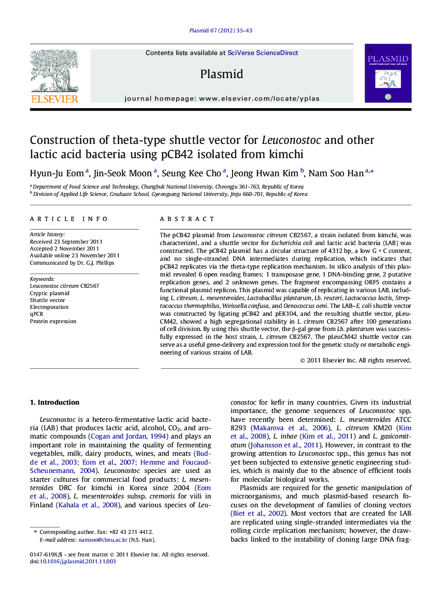 Construction of theta-type shuttle vector for Leuconostoc and other lactic acid bacteria using pCB42 isolated from kimchi