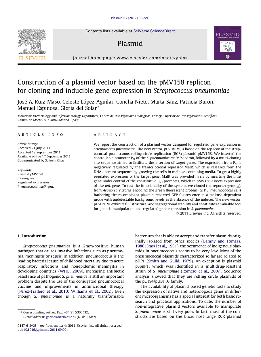 Construction of a plasmid vector based on the pMV158 replicon for cloning and inducible gene expression in Streptococcus pneumoniae