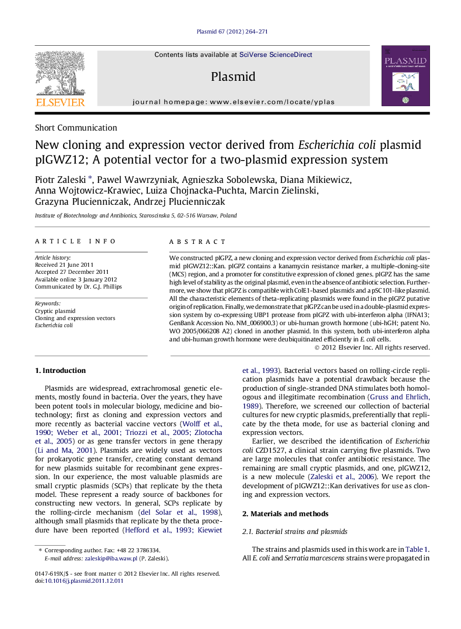 New cloning and expression vector derived from Escherichia coli plasmid pIGWZ12; A potential vector for a two-plasmid expression system