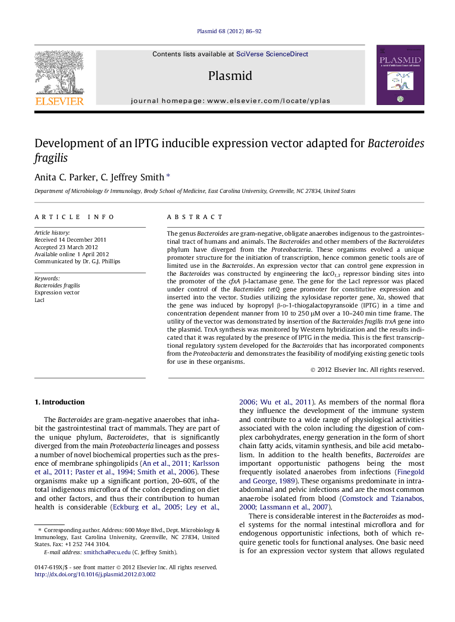 Development of an IPTG inducible expression vector adapted for Bacteroides fragilis