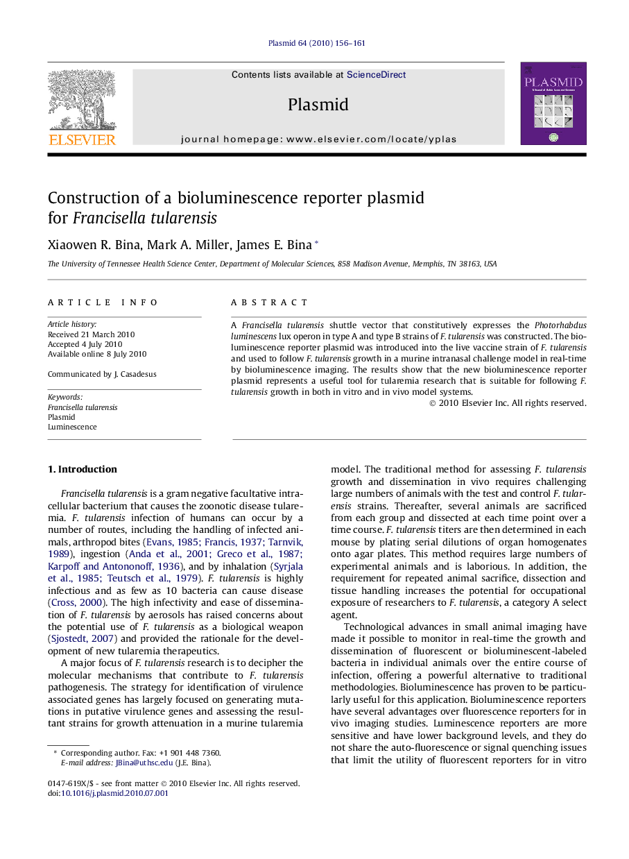 عکس صفحه اول مقاله: Construction of a bioluminescence reporter plasmid for Francisella tularensis Construction of a bioluminescence reporter plasmid for Francisella tularensis