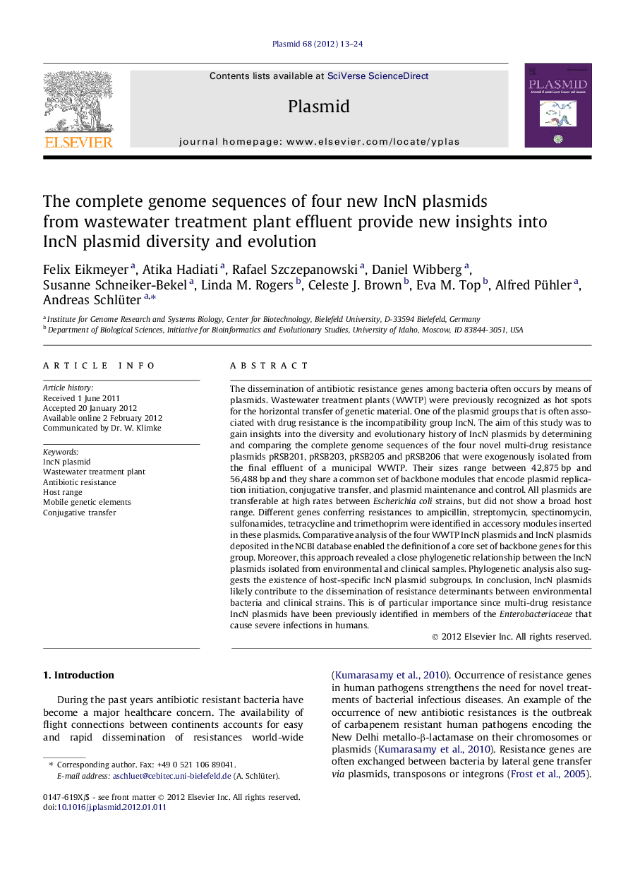 The complete genome sequences of four new IncN plasmids from wastewater treatment plant effluent provide new insights into IncN plasmid diversity and evolution