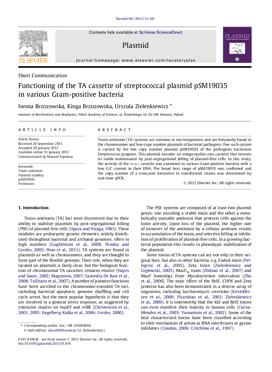 Functioning of the TA cassette of streptococcal plasmid pSM19035 in various Gram-positive bacteria