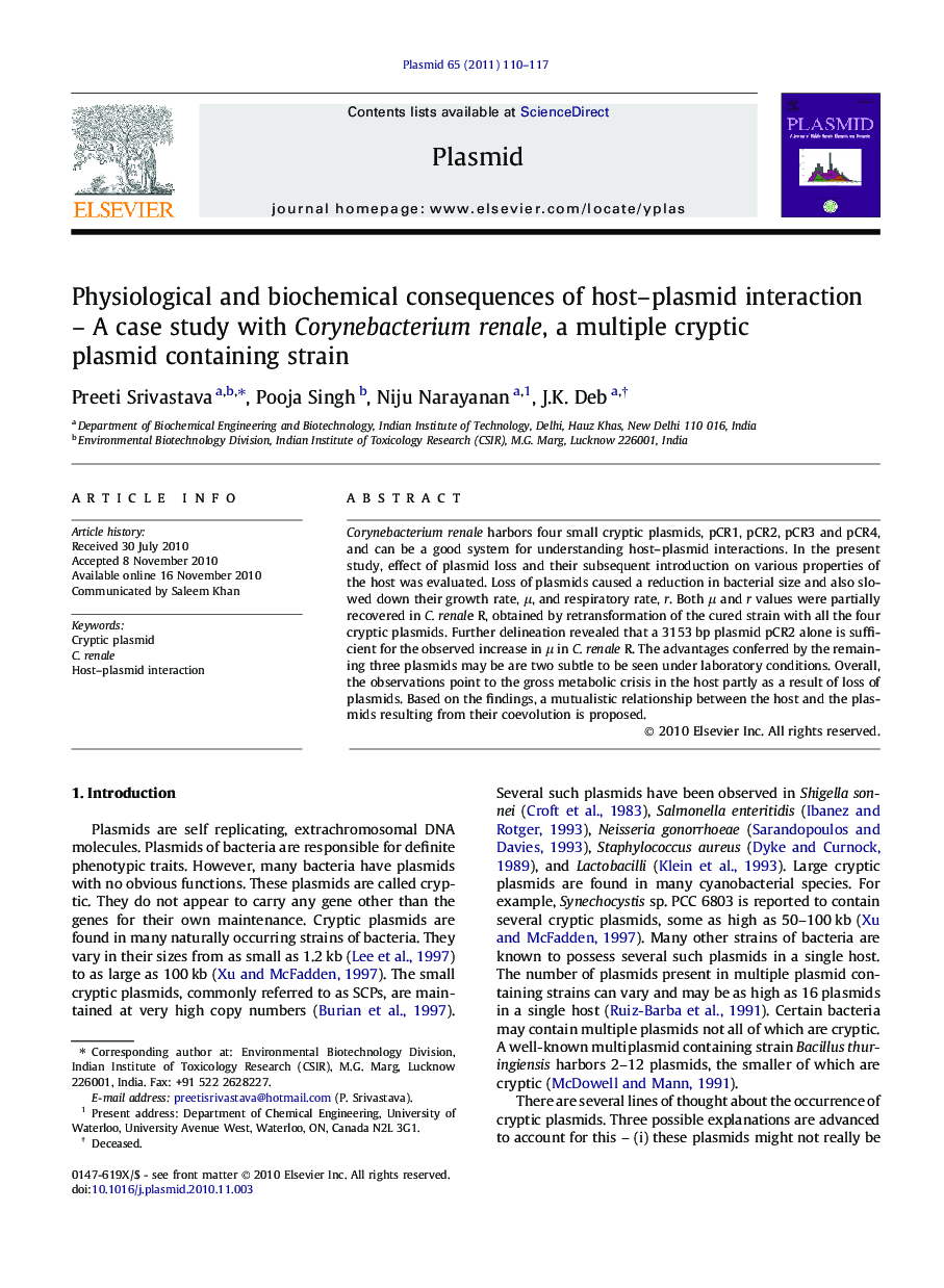 Physiological and biochemical consequences of host–plasmid interaction – A case study with Corynebacterium renale, a multiple cryptic plasmid containing strain