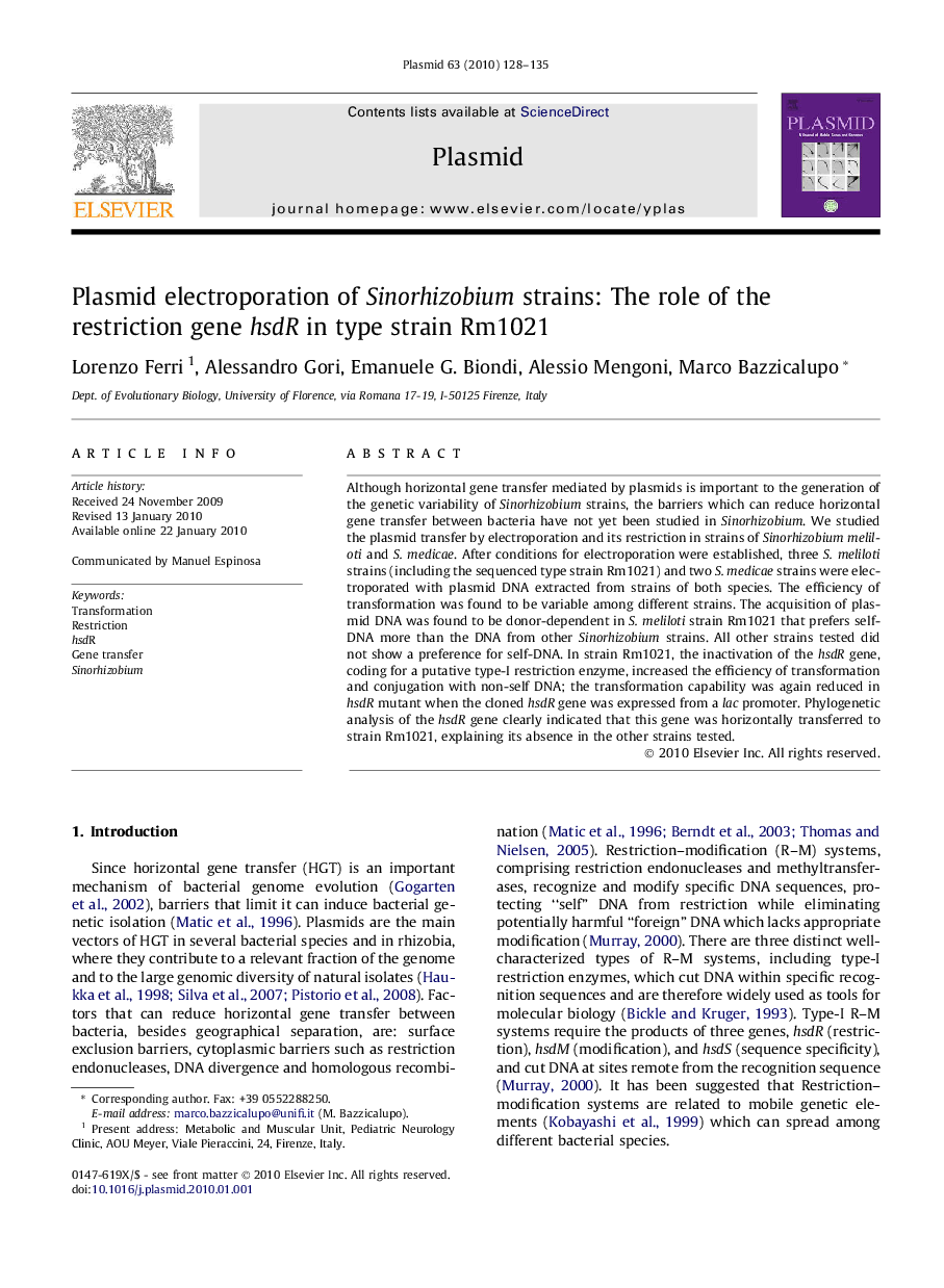 Plasmid electroporation of Sinorhizobium strains: The role of the restriction gene hsdR in type strain Rm1021