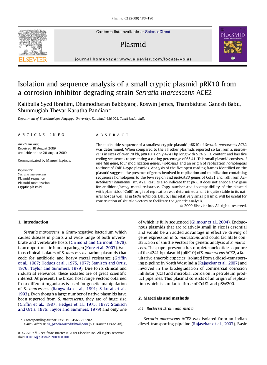 Isolation and sequence analysis of a small cryptic plasmid pRK10 from a corrosion inhibitor degrading strain Serratia marcescens ACE2