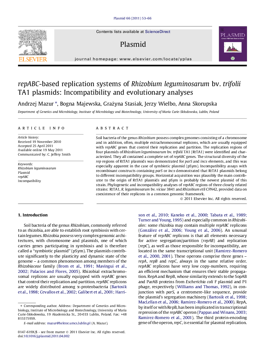 repABC-based replication systems of Rhizobium leguminosarum bv. trifolii TA1 plasmids: Incompatibility and evolutionary analyses