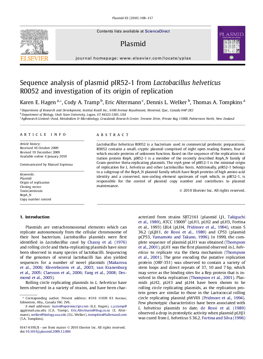 Sequence analysis of plasmid pIR52-1 from Lactobacillus helveticus R0052 and investigation of its origin of replication