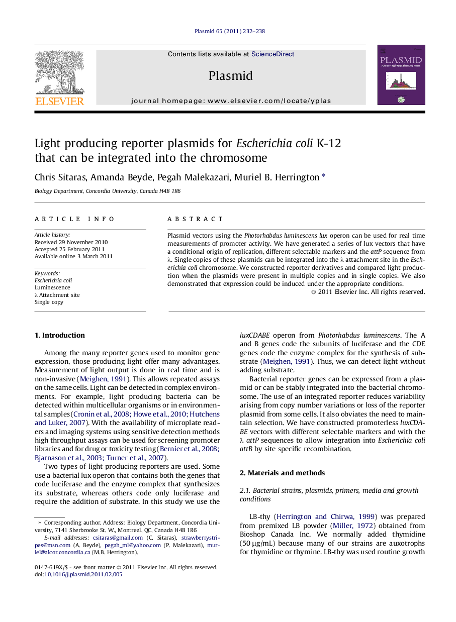 Light producing reporter plasmids for Escherichia coli K-12 that can be integrated into the chromosome
