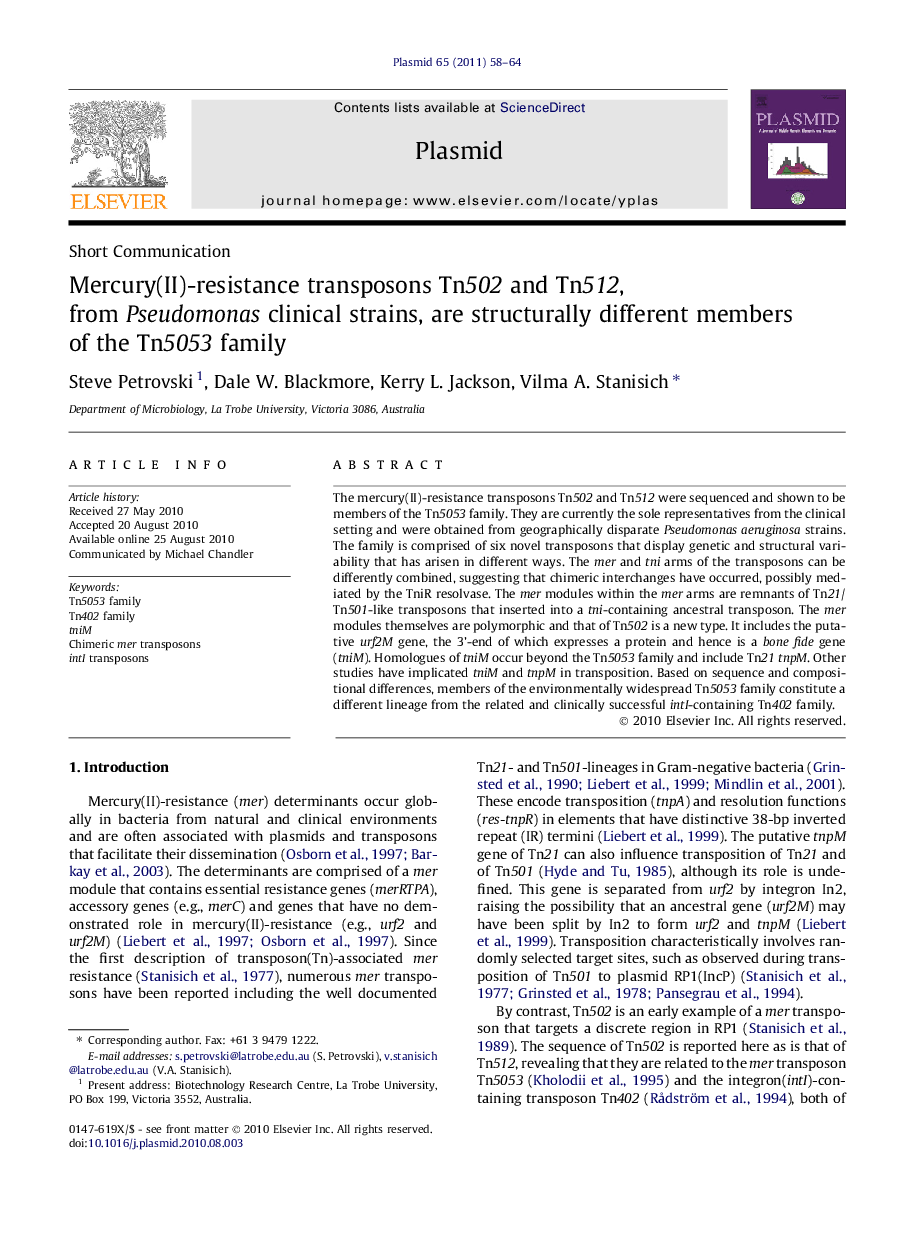 Mercury(II)-resistance transposons Tn502 and Tn512, from Pseudomonas clinical strains, are structurally different members of the Tn5053 family