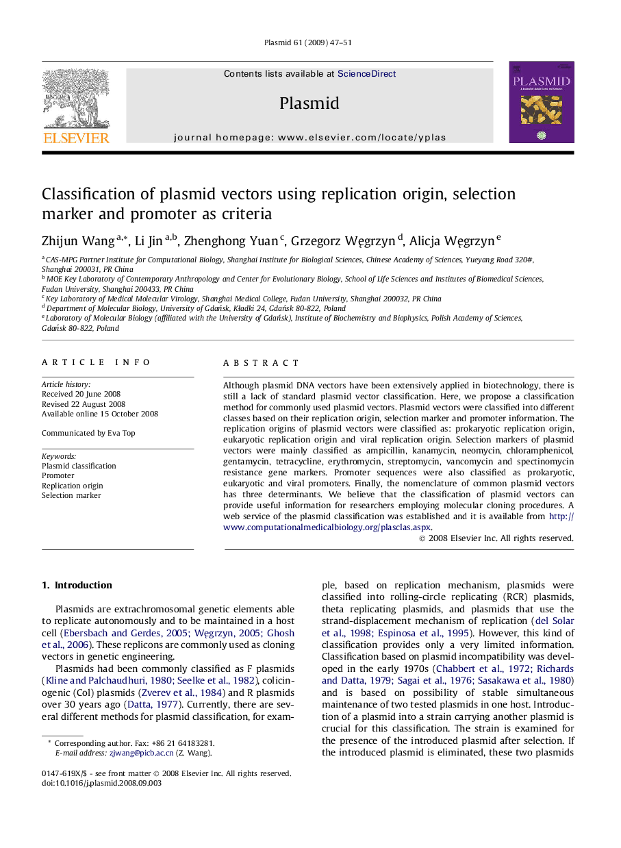 Classification of plasmid vectors using replication origin, selection marker and promoter as criteria