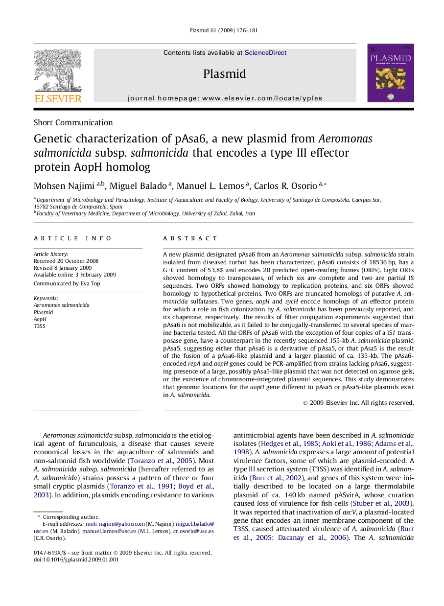 Genetic characterization of pAsa6, a new plasmid from Aeromonas salmonicida subsp. salmonicida that encodes a type III effector protein AopH homolog