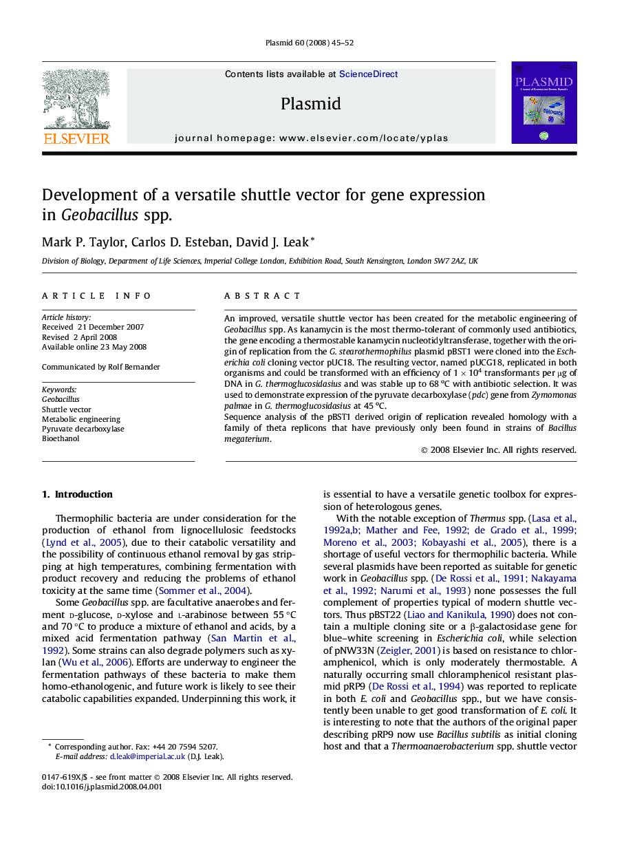 Development of a versatile shuttle vector for gene expression in Geobacillus spp.