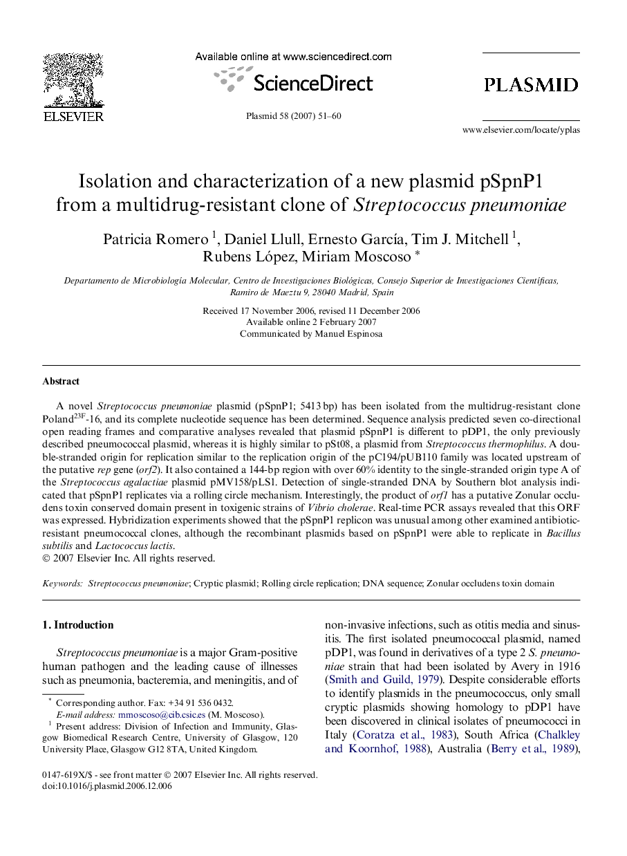 Isolation and characterization of a new plasmid pSpnP1 from a multidrug-resistant clone of Streptococcus pneumoniae