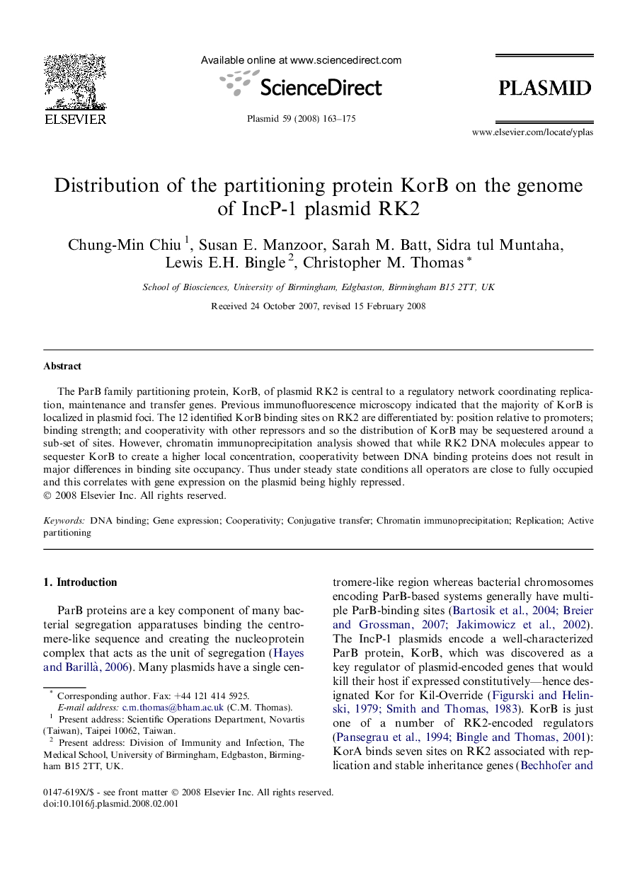 Distribution of the partitioning protein KorB on the genome of IncP-1 plasmid RK2