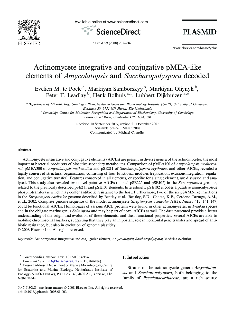 Actinomycete integrative and conjugative pMEA-like elements of Amycolatopsis and Saccharopolyspora decoded