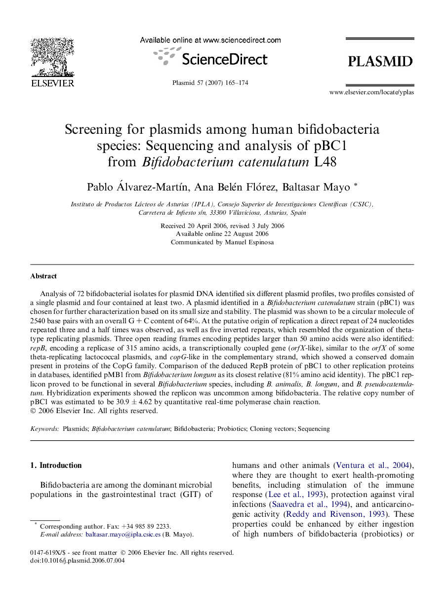 Screening for plasmids among human bifidobacteria species: Sequencing and analysis of pBC1 from Bifidobacterium catenulatum L48