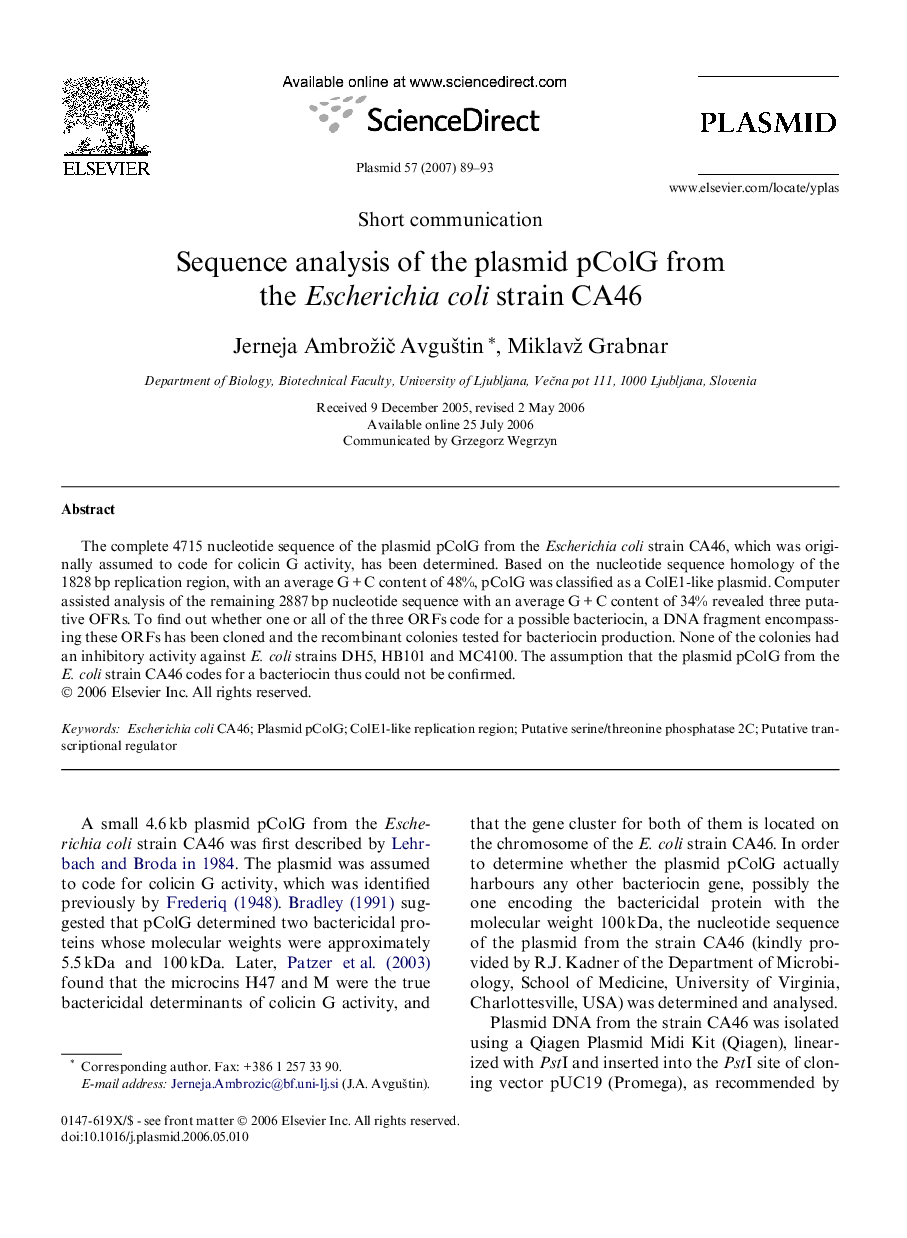 Sequence analysis of the plasmid pColG from the Escherichia coli strain CA46