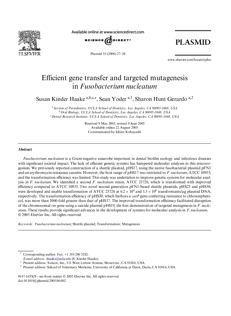 Efficient gene transfer and targeted mutagenesis in Fusobacterium nucleatum