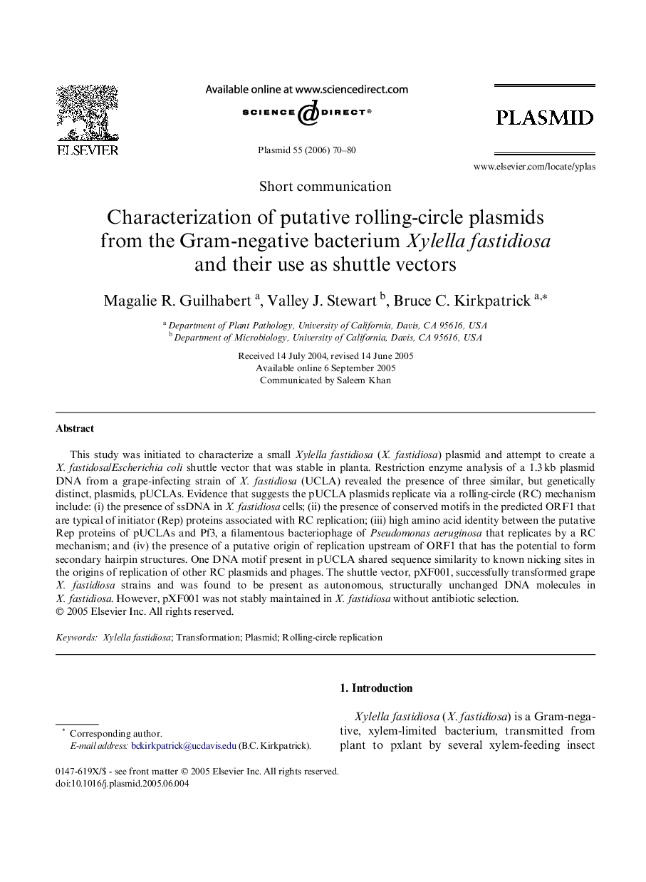 Characterization of putative rolling-circle plasmids from the Gram-negative bacterium Xylella fastidiosa and their use as shuttle vectors