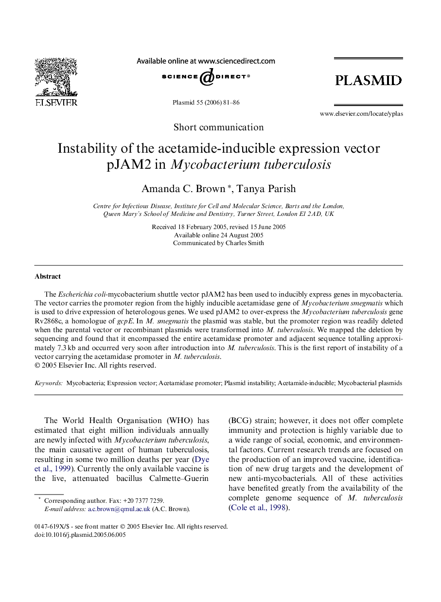 Instability of the acetamide-inducible expression vector pJAM2 in Mycobacterium tuberculosis