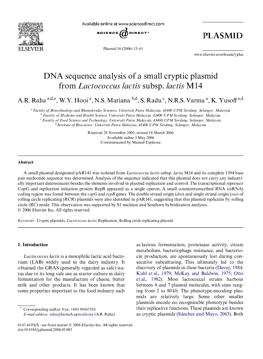 DNA sequence analysis of a small cryptic plasmid from Lactococcus lactis subsp. lactis M14