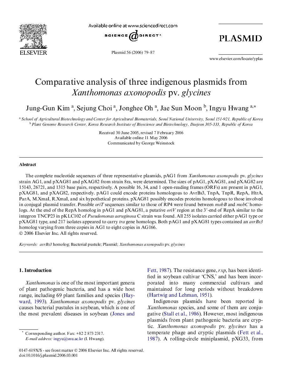 Comparative analysis of three indigenous plasmids from Xanthomonas axonopodis pv. glycines