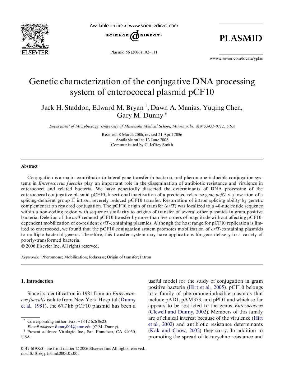 Genetic characterization of the conjugative DNA processing system of enterococcal plasmid pCF10