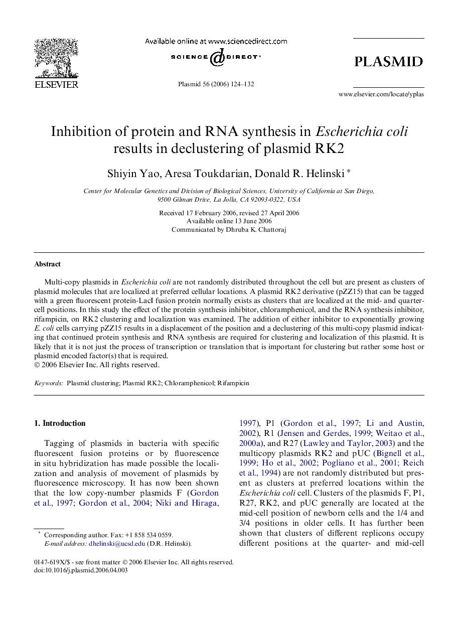 Inhibition of protein and RNA synthesis in Escherichia coli results in declustering of plasmid RK2