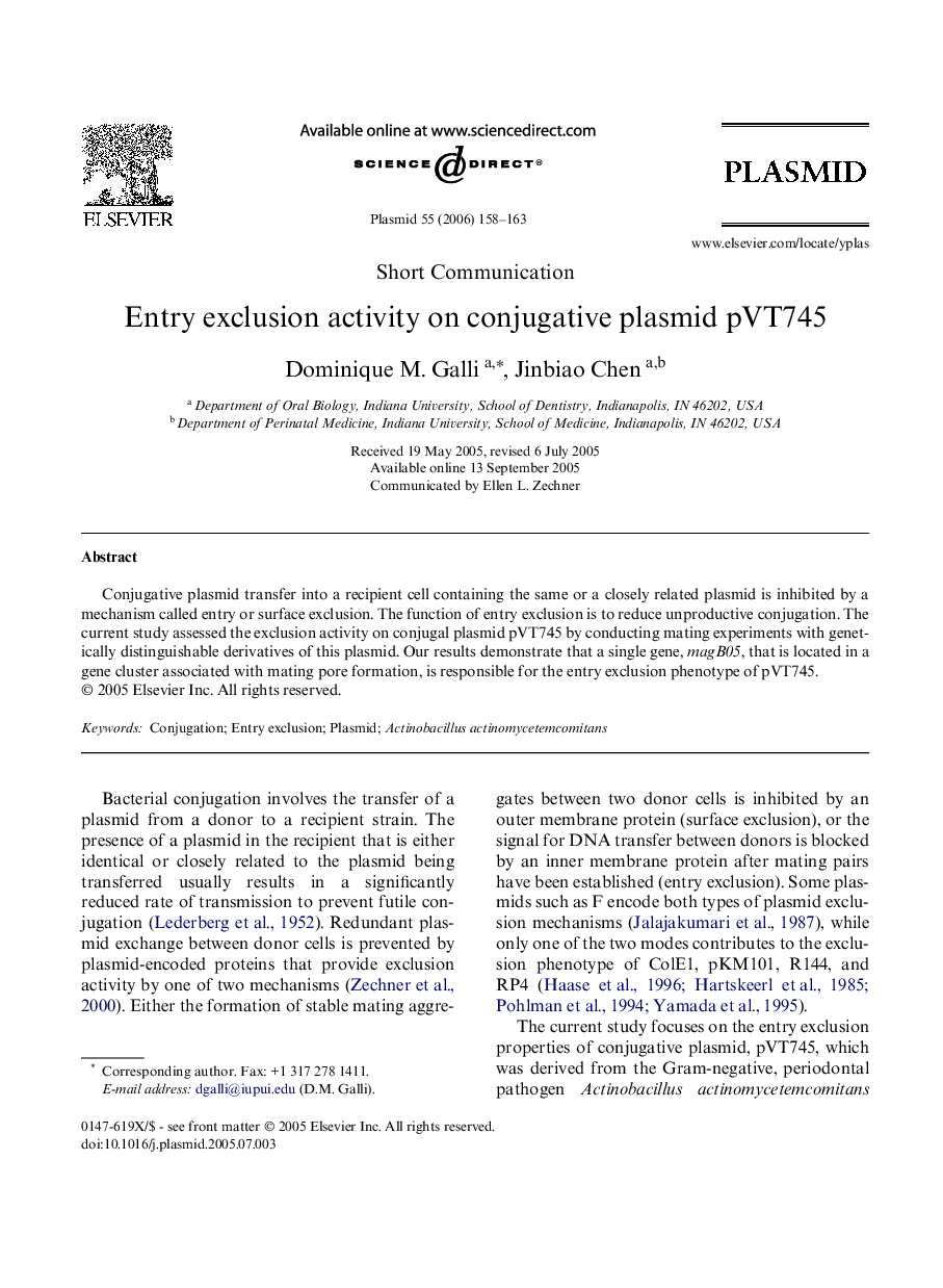 Entry exclusion activity on conjugative plasmid pVT745