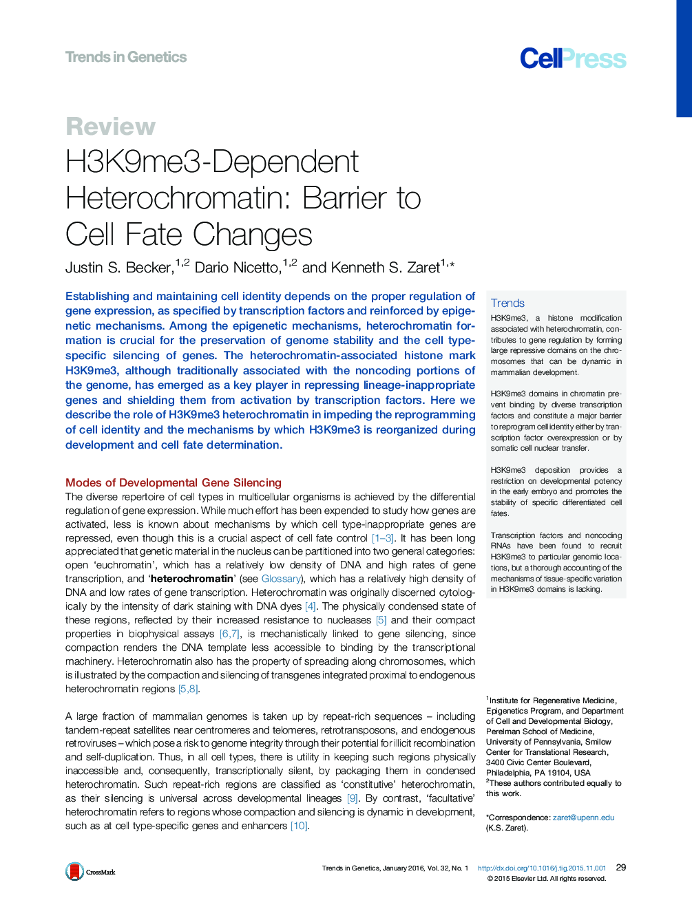 H3K9me3-Dependent Heterochromatin: Barrier to Cell Fate Changes