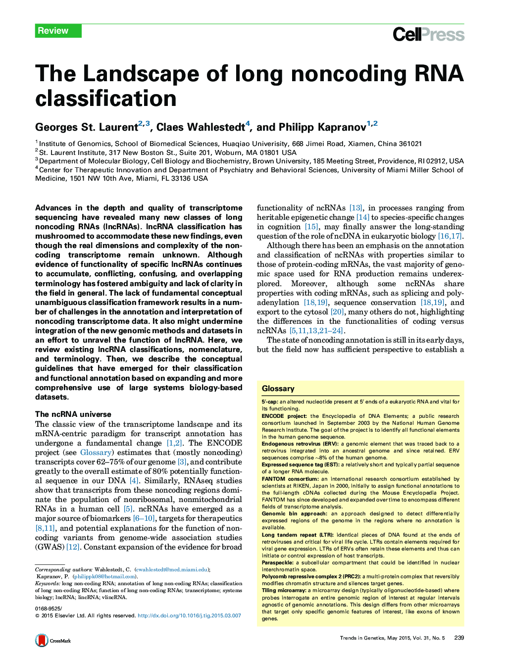 The Landscape of long noncoding RNA classification