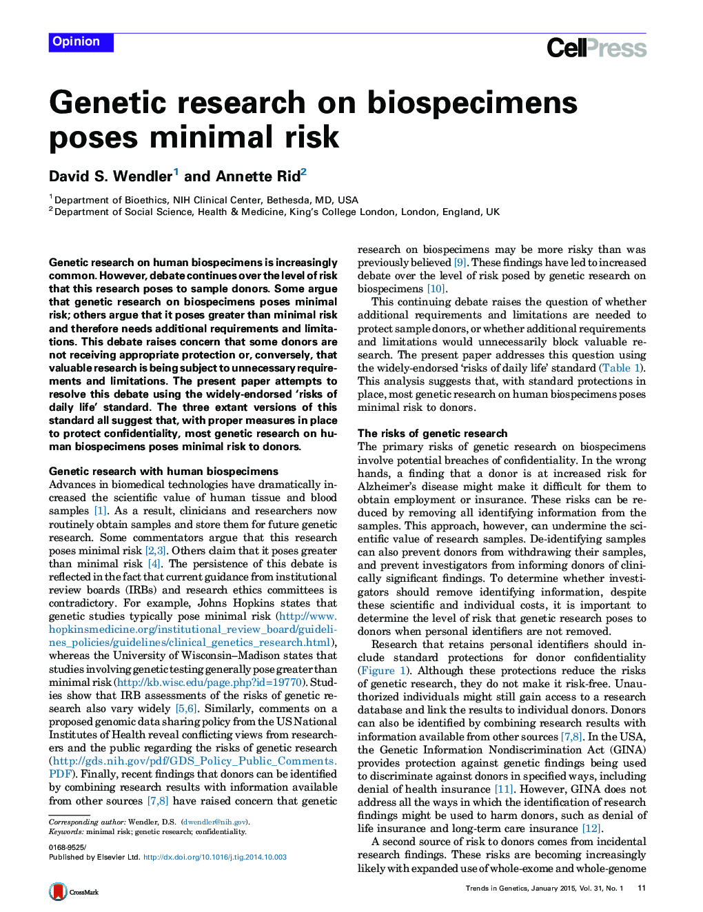 Genetic research on biospecimens poses minimal risk