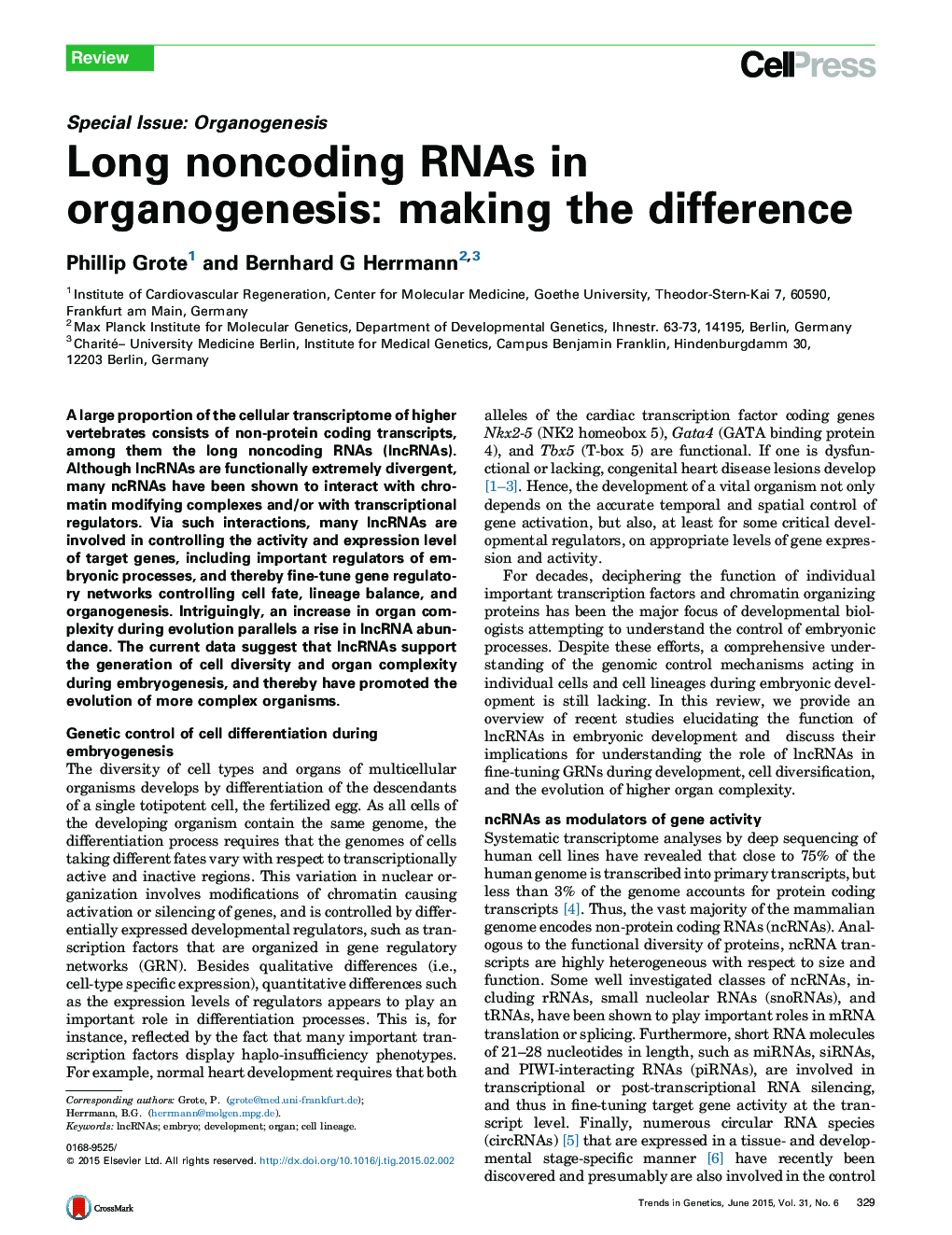 Long noncoding RNAs in organogenesis: making the difference