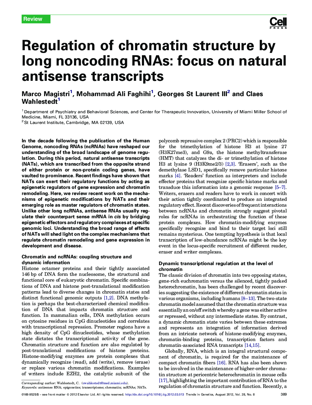 Regulation of chromatin structure by long noncoding RNAs: focus on natural antisense transcripts