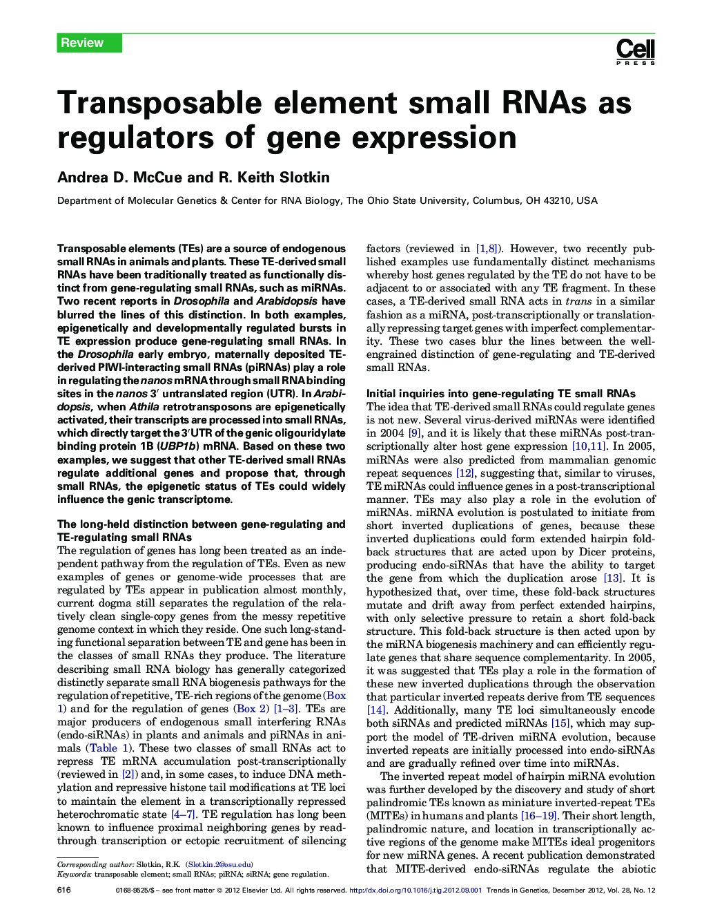 Transposable element small RNAs as regulators of gene expression