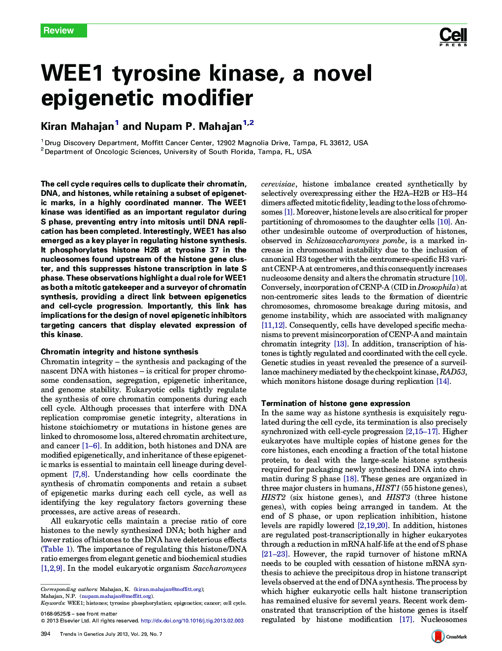 WEE1 tyrosine kinase, a novel epigenetic modifier