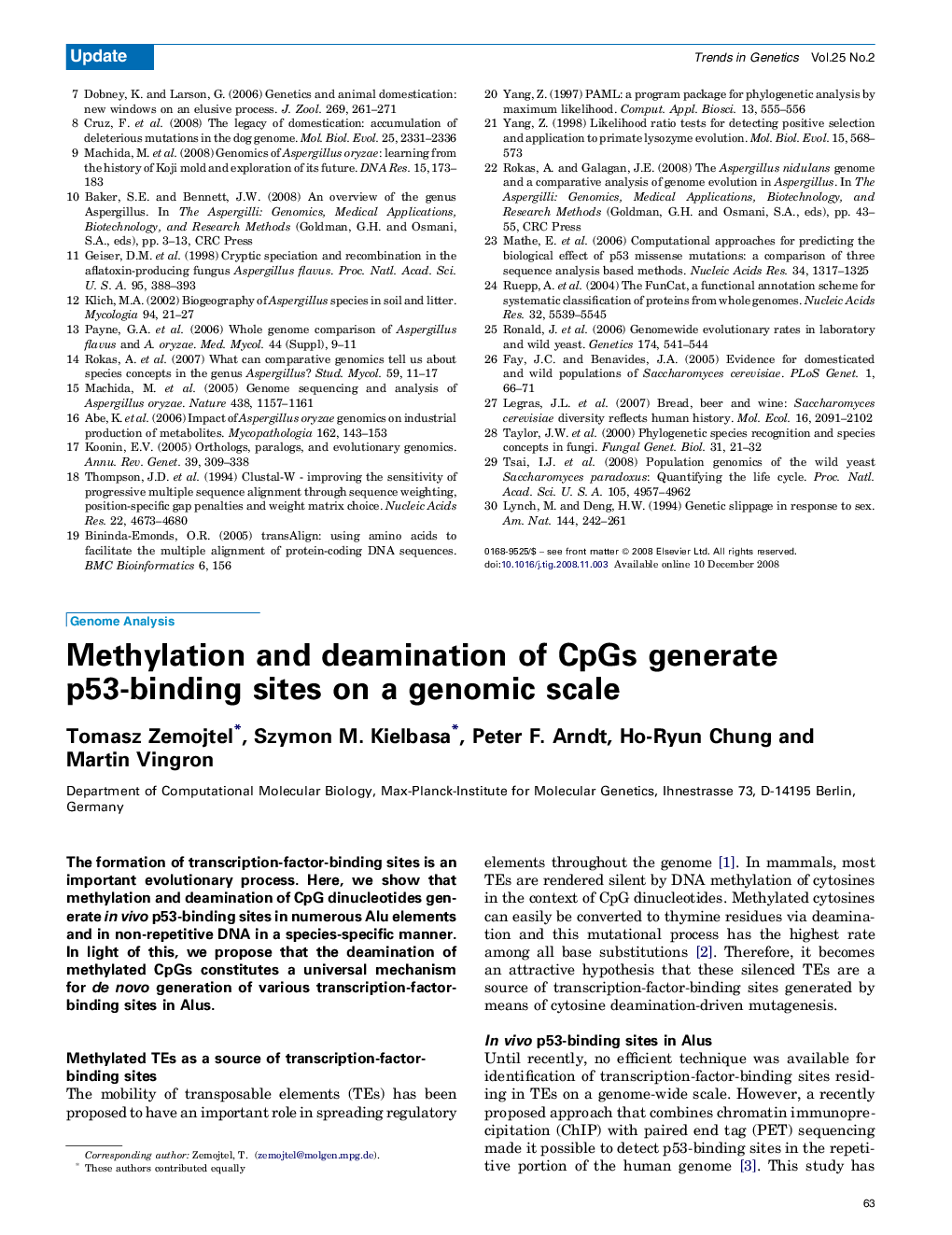 عکس صفحه اول مقاله: Methylation and deamination of CpGs generate p53-binding sites on a genomic scale Methylation and deamination of CpGs generate p53-binding sites on a genomic scale