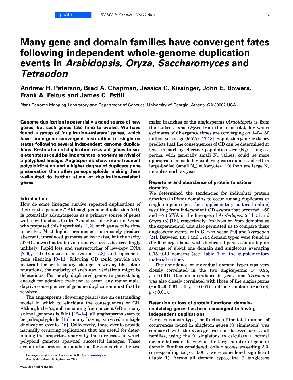 Many gene and domain families have convergent fates following independent whole-genome duplication events in Arabidopsis, Oryza, Saccharomyces and Tetraodon