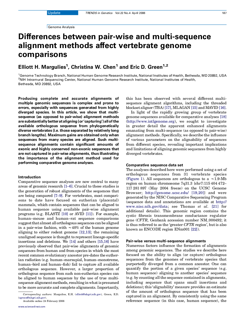 Differences between pair-wise and multi-sequence alignment methods affect vertebrate genome comparisons