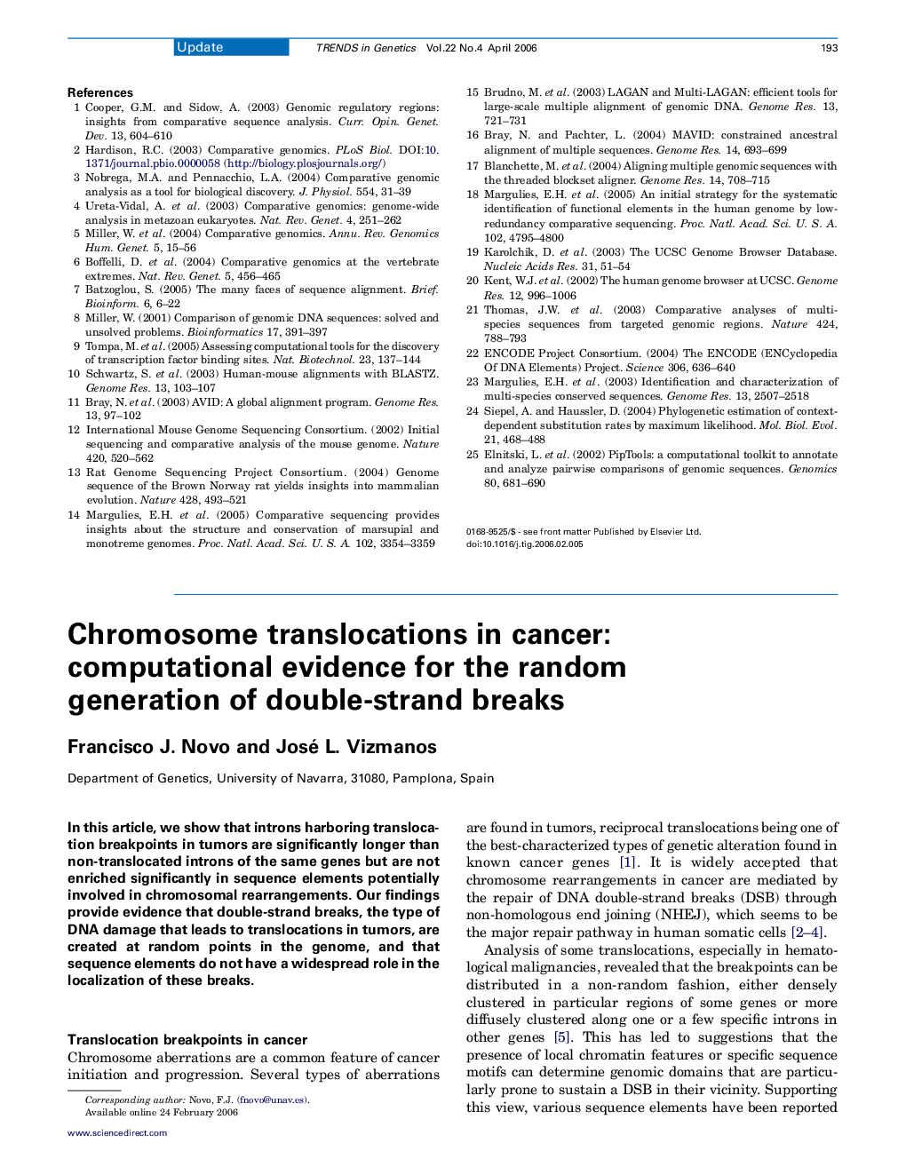 Chromosome translocations in cancer: computational evidence for the random generation of double-strand breaks
