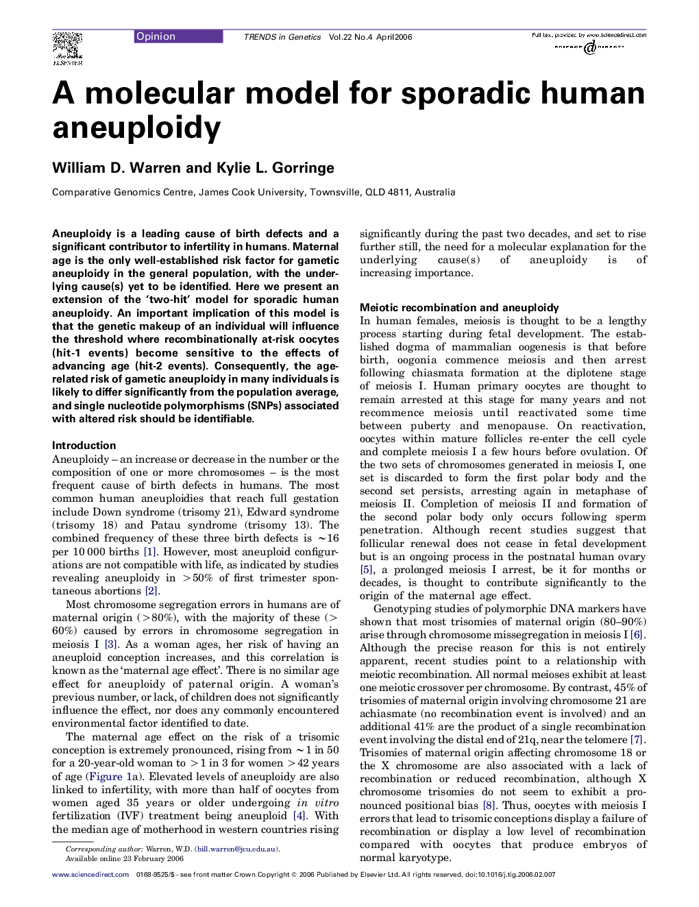A molecular model for sporadic human aneuploidy