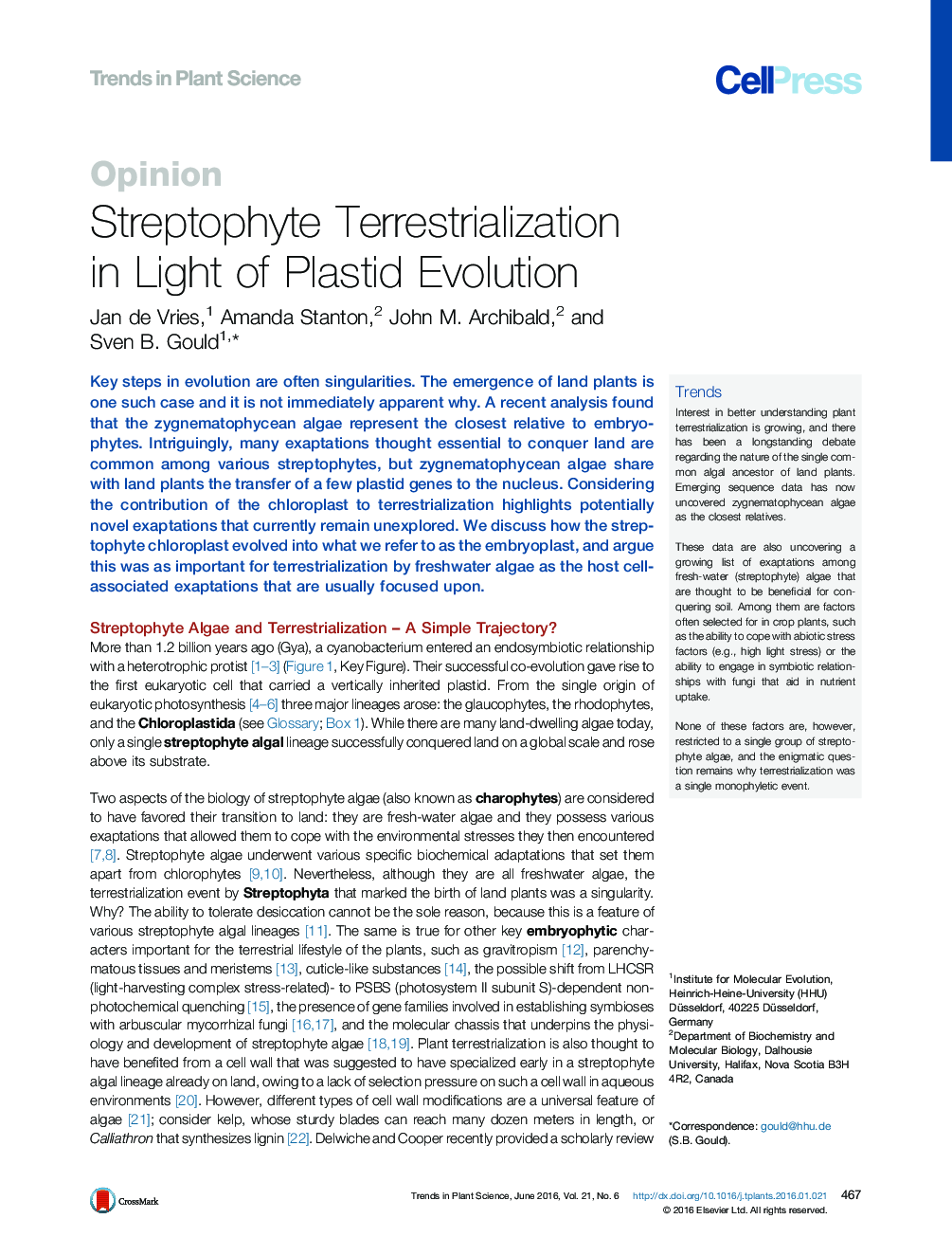 Streptophyte Terrestrialization in Light of Plastid Evolution