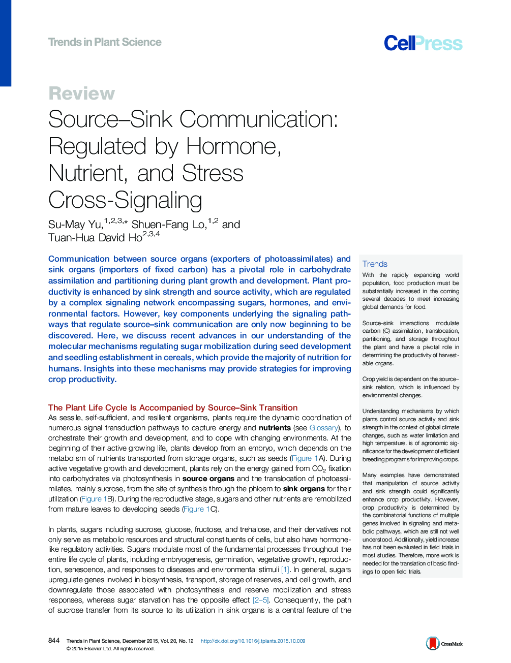 Source–Sink Communication: Regulated by Hormone, Nutrient, and Stress Cross-Signaling