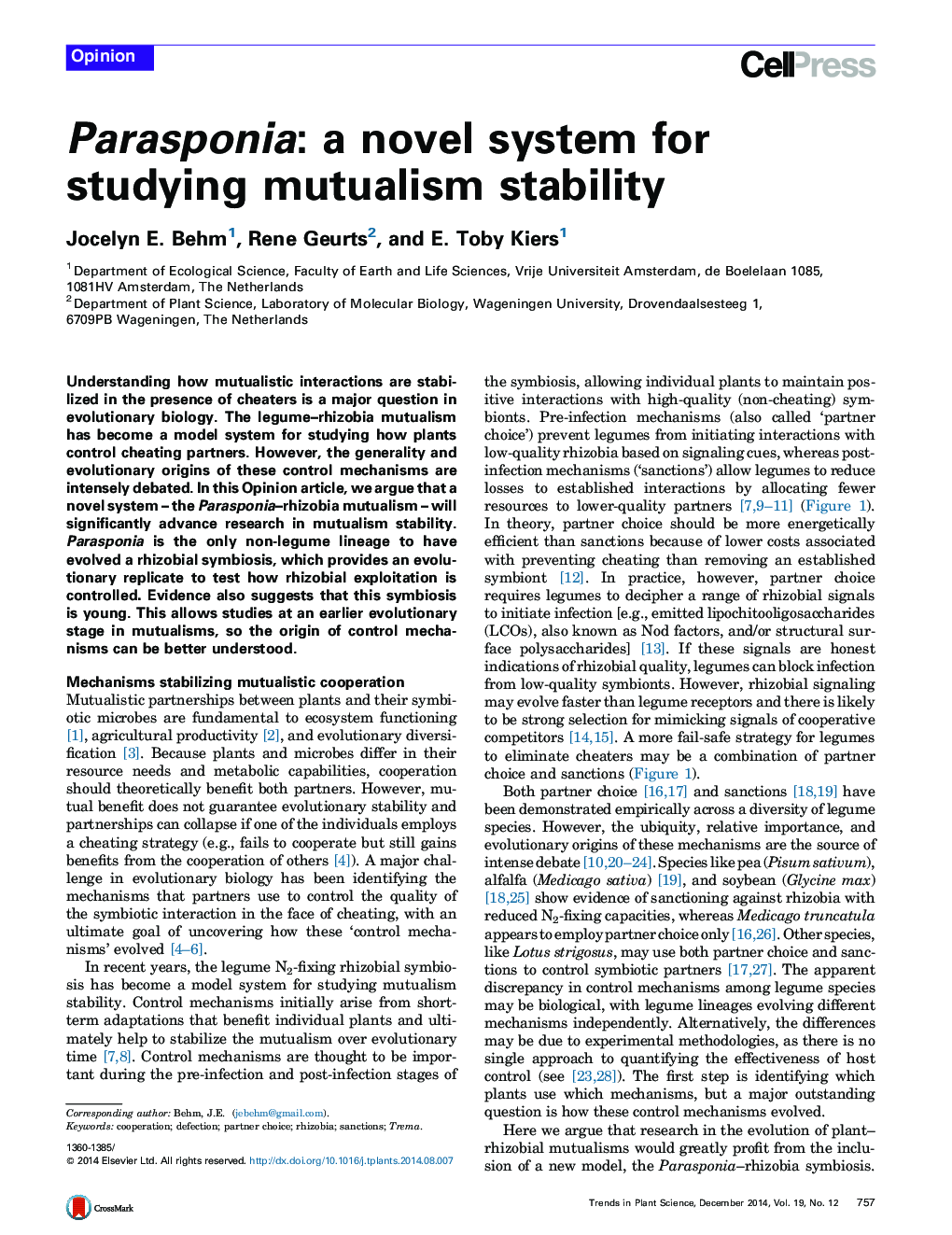 Parasponia: a novel system for studying mutualism stability