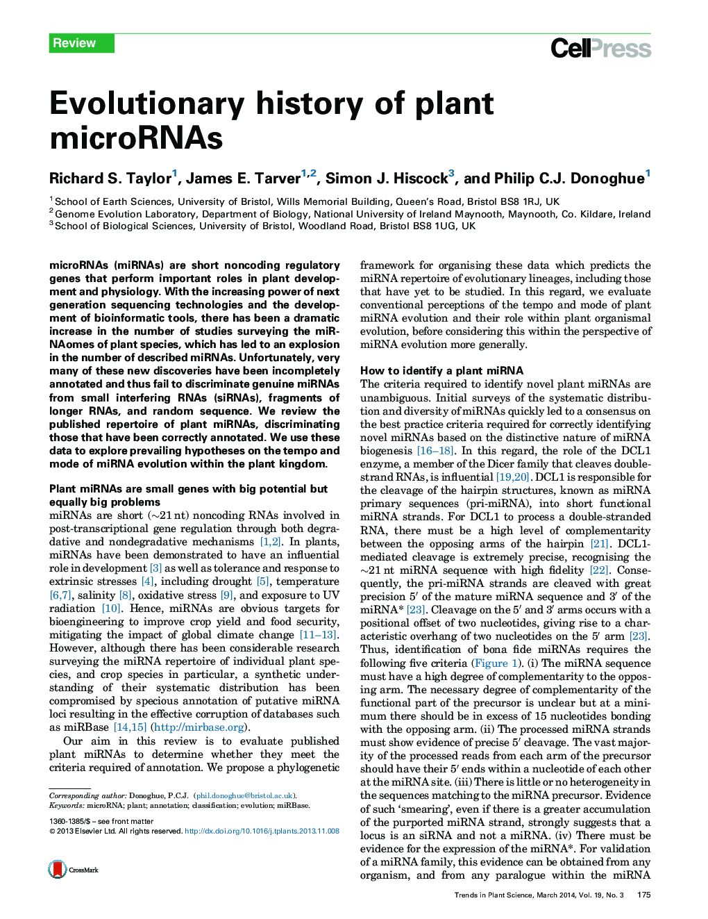 Evolutionary history of plant microRNAs